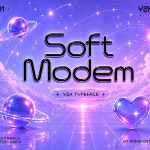 May include: A digital graphic featuring the text Soft Modem and Y2K Typeface in a bold black font. The background is a vibrant purple sky with clouds, a glowing grid floor, a glossy purple planet with rings, and a shiny purple heart icon.