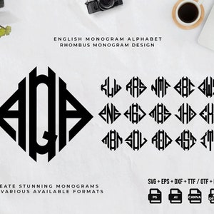 May include: A black and white monogram alphabet design with a rhombus shape. The letters are arranged in three rows of five letters each. The text "ENGLISH MONOGRAM ALPHABET" and "RHOMBUS MONOGRAM DESIGN" is at the top of the image. The text "CREATE STUNNING MONOGRAMS IN VARIOUS AVAILABLE FORMATS" is at the bottom of the image. The text "SVG+EPS+DXF+TTF/OTF+PNG" is at the bottom right of the image. The text "PS", "AI", "CANVA", and "MS. OFFICE" is at the bottom right of the image.