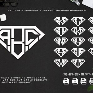 May include: A set of 26 diamond-shaped monogram letters in white on a black background. The letters are arranged in three rows of eight letters each. The letters are in uppercase and are stylized to look like a diamond. The text "ENGLISH MONOGRAM ALPHABET DIAMOND MONOGRAM" is at the top of the image. The text "CREATE STUNNING MONOGRAMS IN VARIOUS AVAILABLE FORMATS & SOFTWARE SUPPORT" is at the bottom of the image. The text "SVG+EPS+DXF + TTF/OTF+PNG" is in the bottom right corner of the image. The text "PS AI CANVA MS. OFFICE" is below the text "SVG+EPS+DXF + TTF/OTF+PNG".