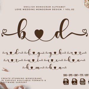 May include: A brown cursive font alphabet with a heart symbol between each letter. The letters are connected by a line. The text "ENGLISH MONOGRAM ALPHABET LOVE WEDDING MONOGRAM DESIGN I VOL.02" is at the top of the image. The text "CREATE STUNNING MONOGRAMS IN VARIOUS AVAILABLE FORMATS & SOFTWARE SUPPORT" is at the bottom of the image. The text "SVG + EPS + DXF + TTF/OTF + PNG" is in the bottom right corner of the image. The text "PS AI CANVA MS. OFFICE" is below the text "SVG + EPS + DXF + TTF/OTF + PNG".