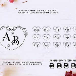 May include: A set of 15 black and white monogram designs featuring a heart with floral accents and two letters inside. The letters are in a script font. The designs are for wedding love monogram design. The text "ENGLISH MONOGRAM ALPHABET" and "WEDDING LOVE MONOGRAM DESIGN" is at the top of the image. The text "CREATE STUNNING MONOGRAMS IN VARIOUS AVAILABLE FORMATS" is at the bottom of the image. The text "SVG+EPS+DXF+TTF/OTF+PNG" is at the bottom of the image. The text "PS AI CANVA MS. OFFICE" is at the bottom of the image.