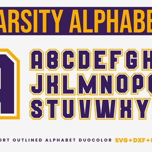 Puede incluir: Fuente de alfabeto universitario en estilo negrita y en bloque, con contorno amarillo y relleno morado. Las letras son mayúsculas y tienen un borde ligeramente redondeado. El texto "VARSITY ALPHABET" está en la parte superior de la imagen en letras amarillas. El texto "SPORT OUTLINED ALPHABET DUOCOLOR SVG+DXF+EPS" está en la parte inferior de la imagen.