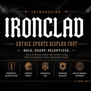 May include: A digital graphic showcasing the Ironclad gothic sports display font. The text reads: Introducing Ironclad, Gothic Sports Display Font, Bold. Sharp. Relentless. Strong blackletter shapes meet athletic energy. Built for champions, teams, and fearless brands.