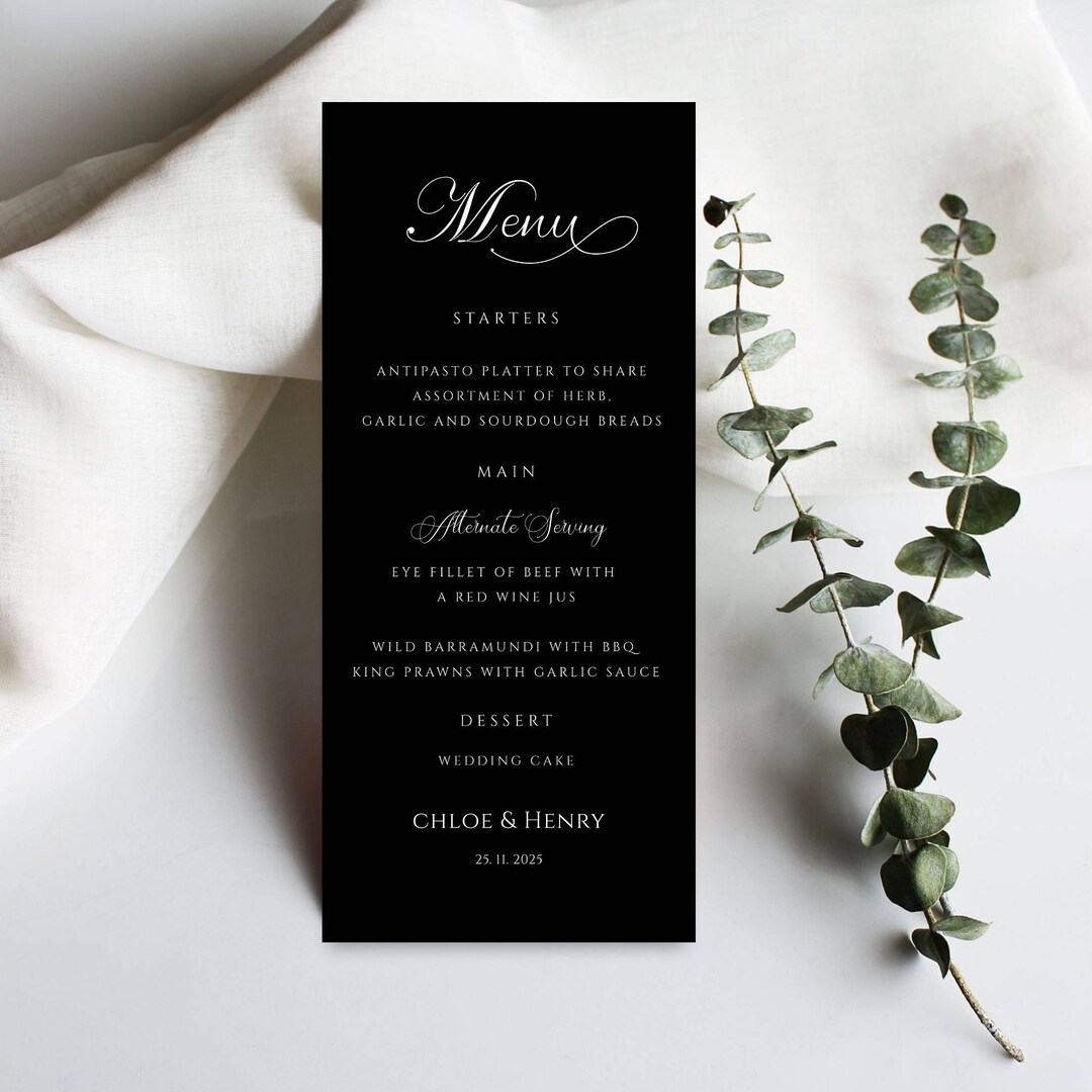 Black Wedding Menu Template Modern Menu Printable Editable Wedding