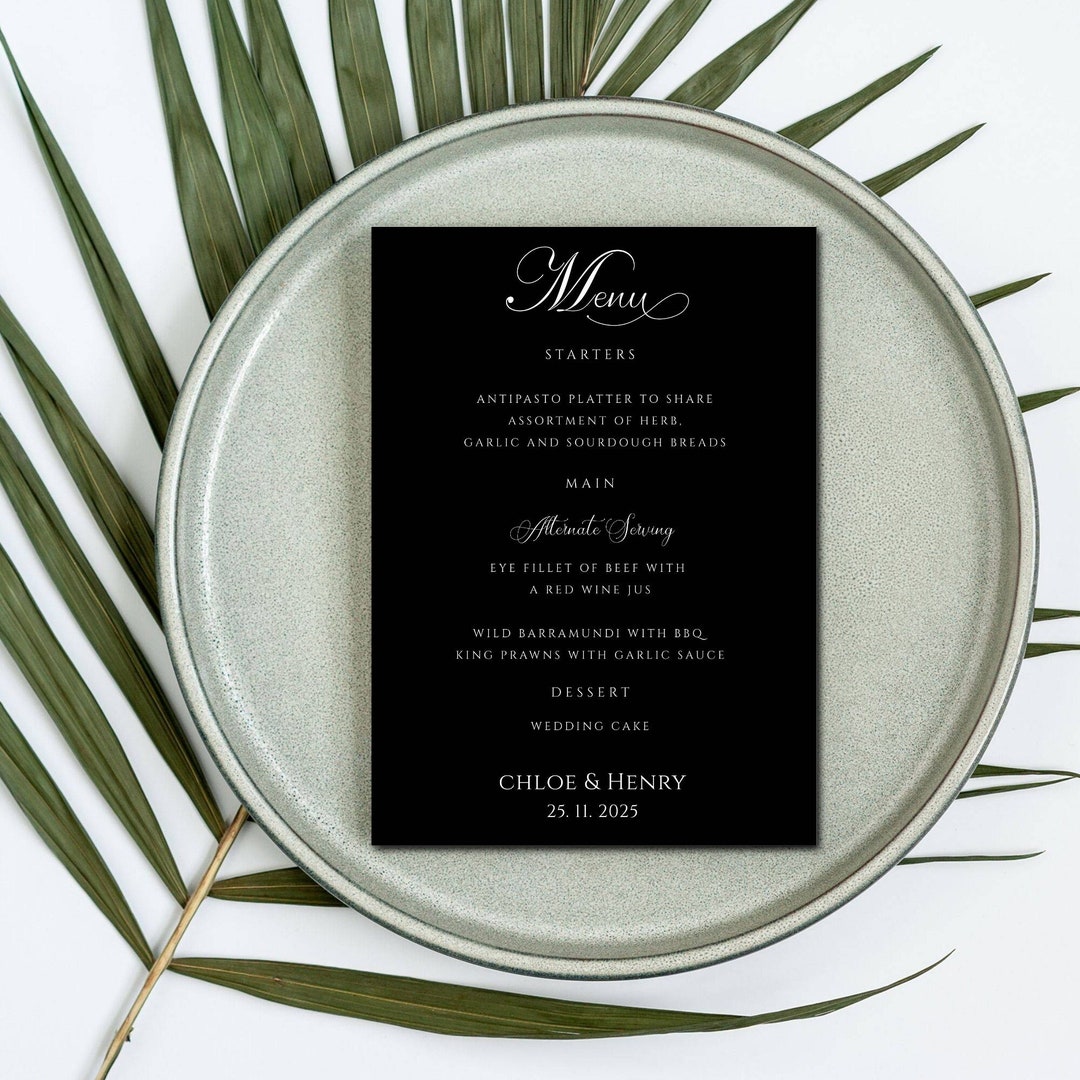 Black Wedding Menu Card Template Minimalist Wedding Menu Etsy
