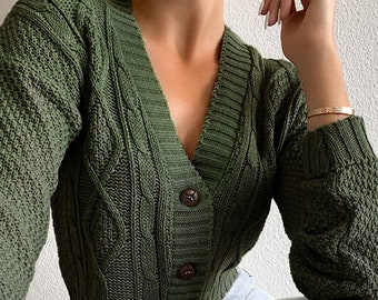 Justyouroutfit Cable Cropped Button Up Cardigan