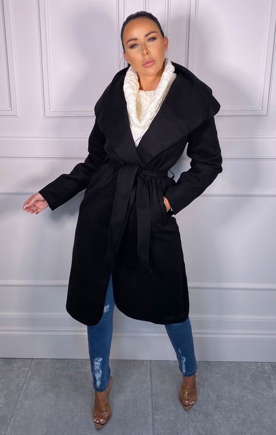 Black Waterfall Duster Belted Long Coat Pola Etsy Canada