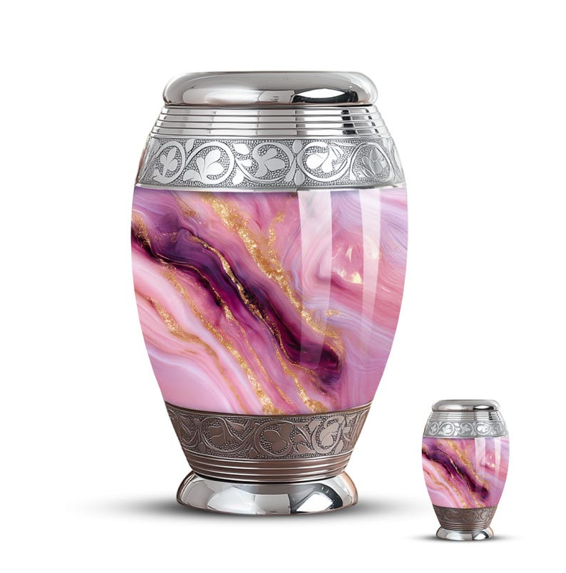 Human Ashes Urn with Velvet Bag – Elegant Pink and Purple Marble Look
Large Funeral Urn – Pink & Purple Cremation Urn with Gold Accents
Elegant Pink and Purple Urn for Adult Ashes – Marble Effect with Silver Trim