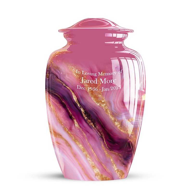 Pink and Purple Ashes Holder with Gold Veining – Adult Memorial Urn

Unique Marble Cremation Urn – Pink Agate Style Funeral Keepsake