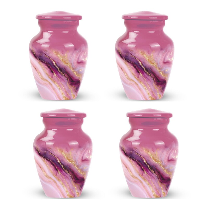 May include: Four small, pink urns with a glossy finish. Each urn features a swirling pattern of purple, white, and gold, with a matching lid. The urns have a classic, rounded shape.