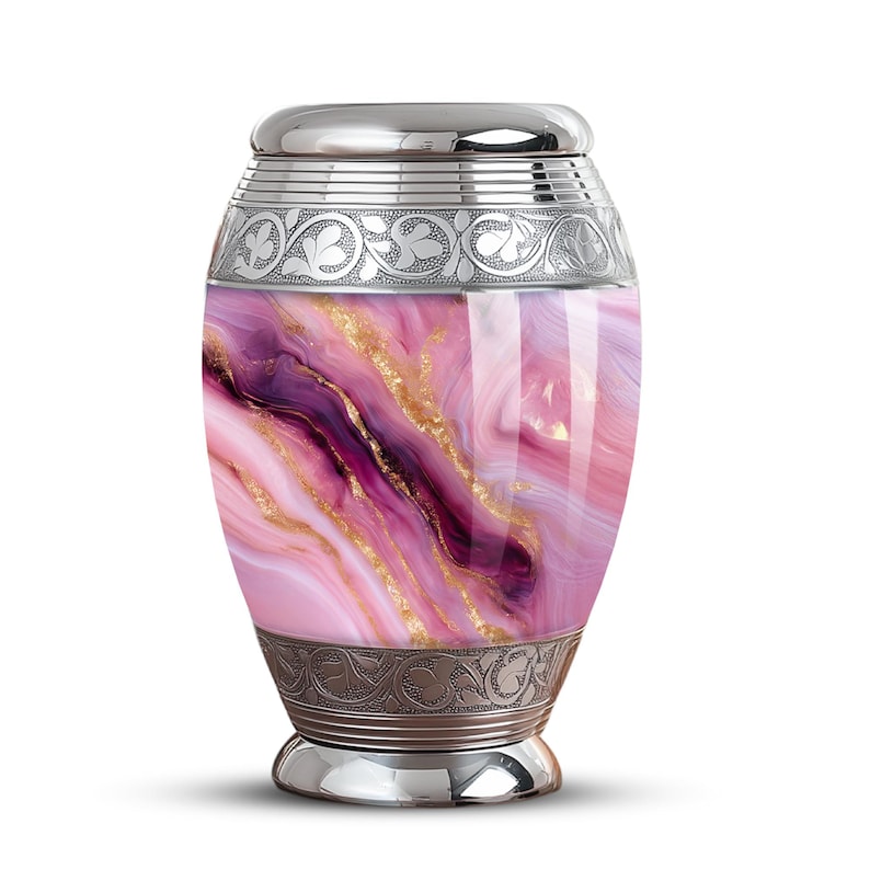 Marble Look Cremation Urn – Pink and Purple Urn with Storage Bag
Pink Swirl Memorial Urn for Human Ashes – Adult Size
Silver and Pink Decorative Urn – Purple Marble Funeral Keepsake