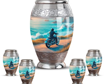 Personalized Motorcycle Cremation Urn with Ocean Sunset Scene - Biker Memorial Urn for Ashes - Urns For Dad - Funeral Urns For Adult Ashes
