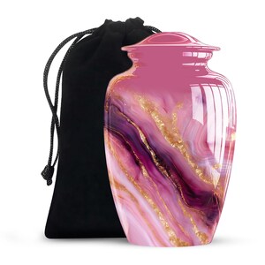 Purple and Gold Ashes Urn – Elegant Design for Adult Cremation
Modern Cremation Urn – Pink and Purple Marble with Silver Bands
Adult Memorial Urn with Velvet Pouch – Pink and Purple Design