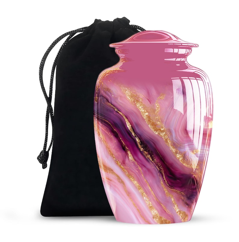 Purple and Gold Ashes Urn – Elegant Design for Adult Cremation
Modern Cremation Urn – Pink and Purple Marble with Silver Bands
Adult Memorial Urn with Velvet Pouch – Pink and Purple Design