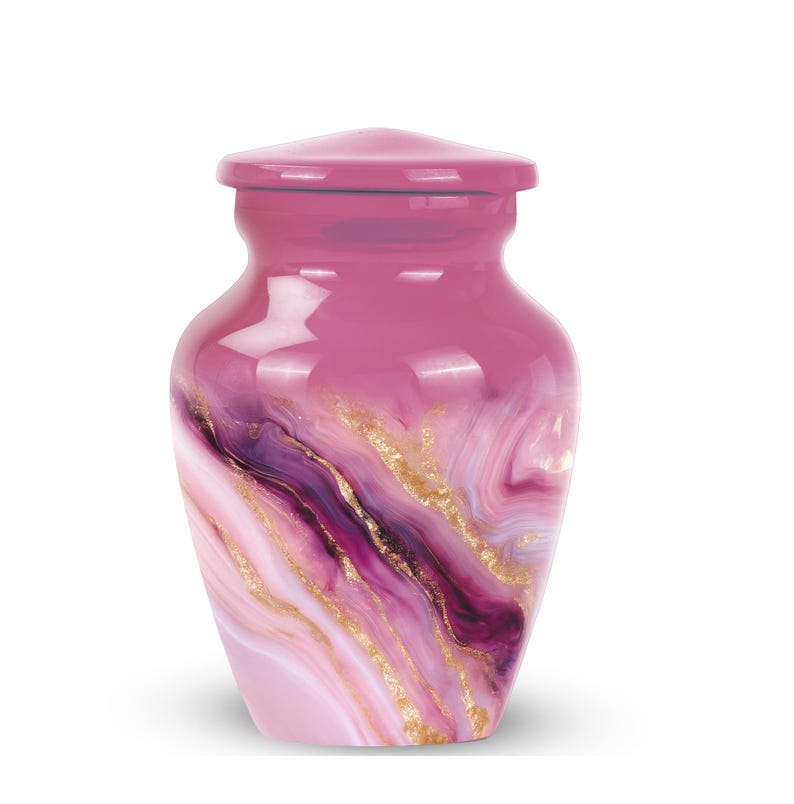 Purple and Pink Funeral Urn – Swirled Marble Look with Velvet Bag

Marbled Pink & Gold Funeral Urn – Personalized Ashes Jar for Adults