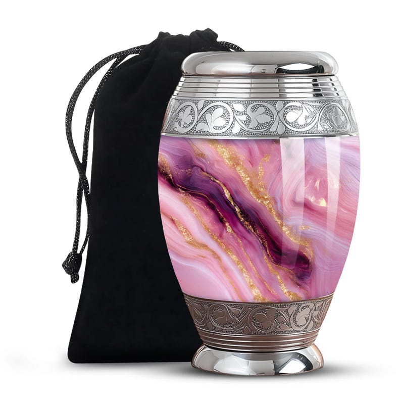 Memorial Urn for Human Ashes – Pink & Purple Swirl Design with Velvet Bag
Decorative Urn for Human Ashes – Pink Marble Urn with Silver Engraving
Adult Ashes Urn – Purple and Gold Swirl Design with Silver Accents