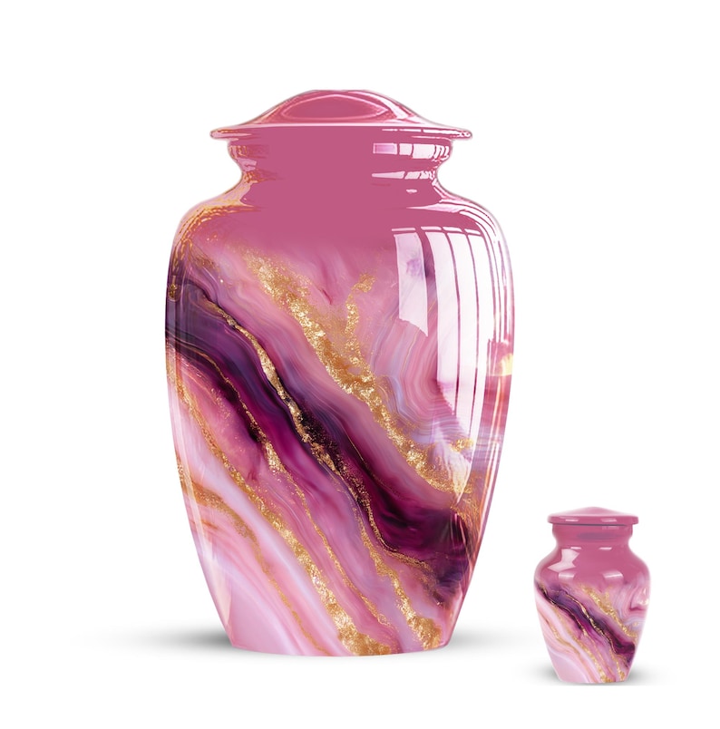 Stylish Pink Cremation Urn – Purple Swirl and Silver Accent Lid
Funeral Ashes Jar – Elegant Purple & Pink Marble Design Urn
Cremation Urn with Gold Veins – Pink & Purple Funeral Keepsake
