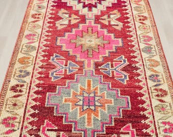 Vintage Turkish Runner Rug, 2x12 Red Pink Wool, Distressed Geometric Kilim
