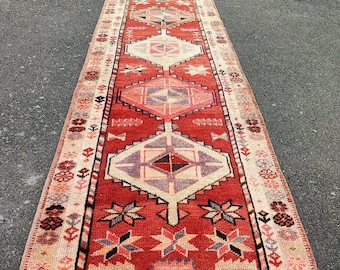Handmade Red Wool Runner Rug: Vintage Turkish Kilim, Geometric Design