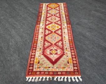 Handknotted Wool Turkish Runner Rug: Vintage Red Hallway Decor (2'11"x7'8")