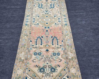 Vintage Turkish Oushak Runner Rug 3'6"x10'6" Soft Pastel Wool Hallway Carpet