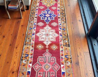 Antique Turkish Runner Rug, Handwoven Wool, Geometric Tribal Decor (2'10" x 11')
