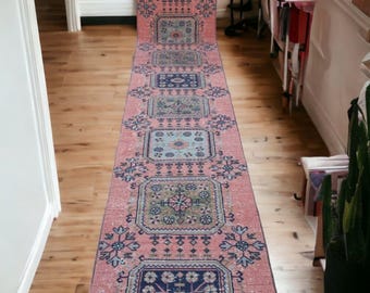Turkish Wool Runner Hall Carpet House Long Narrow Passageway Farmhouse Rug Traditional Handmade Tribal Pattern Rose Hallway Stair Vintage