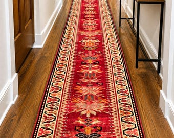 Vintage Roter türkischer Läufer 2x12 Handgeknüpfter Wollflor Teppich Tribal Anatolischer Flur Teppich