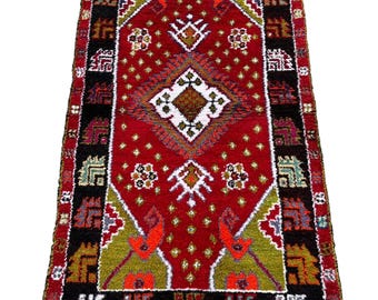 Vintage Turkish Wool Rug 3x5: Red Bohemian Accent Decor