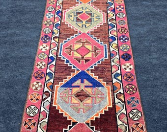 Vintage Handwoven Wool Runner Rug: Tribal Geometric Bohemian Hallway Carpet