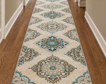 Handgemaakt wollen loper: extra lang crème vloerkleed voor de gang, 3'x22'