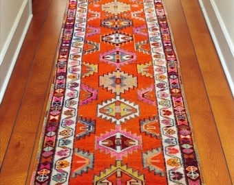 Vintage Turkish Runner Rug:15ft Extra Long  Orange Geometric Hallway Carpet 2.7x14.7