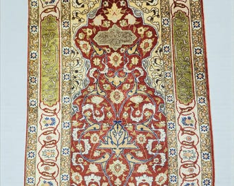 Signed Hereke Silk Rug, Islamic Calligraphy, Turkish Prayer Rug