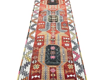 Vintage Turkish Runner Rug: 3x13 Antique Hallway Carpet, Geometric Art