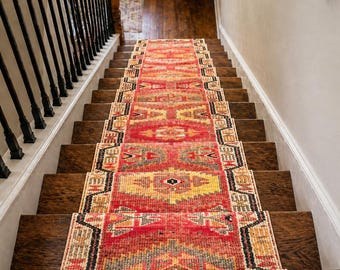 Vintage Hand-Knotted Wool Turkish Runner Rug – Geometric Stair Hallway Carpet 2'2" x 13'1"