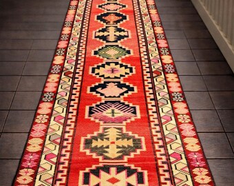Tappeto da corridoio turco vintage, 3x14 in lana rosa e rossa