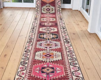 Vintage Tribal Teppichläufer 100x400, Handgemachter Türkischer Herki Teppichläufer, Handgewebter, Langer Teppich im Flur, 60x40