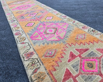 Golden Yellow Wool Runner Rug: Vintage Turkish Hallway Rug (2'x13')