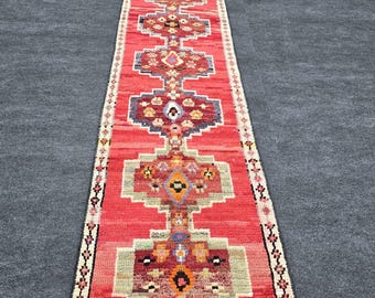 Vintage Turkish Runner Rug: Handwoven Wool, Red Bohemian Hallway Carpet (2x10 ft.)