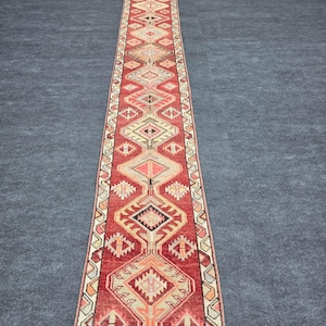 Antique Crimson Tribal Runner: Hand Extra Long Knotted Wool Stairway Carpet (2'1" x 14')