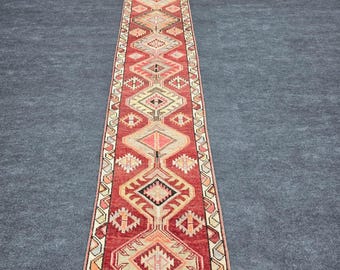 Antique Crimson Tribal Runner: Hand Extra Long Knotted Wool Stairway Carpet (2'1" x 14')