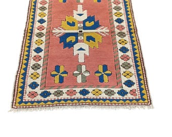 Handwoven Pink Tribal Rug: Rose Boho Geometric Wool Rug (3x5 ft)