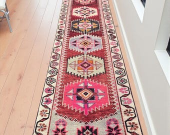 3x16 Vintage Herki Tribal Runner Rug, Handmade Wool Geometric Hallway Carpet (2'11" x 15'9")