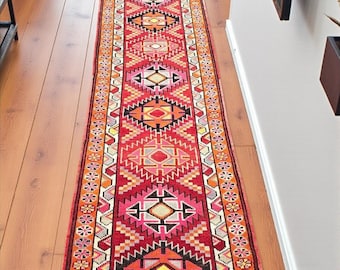 Handwoven Wool Runner Rug: 3'x13' Red Tribal Kilim Hallway Carpet