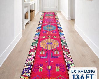 Extra Long 13.6 FT Pink Vintage Turkish Runner Rug – Bold Tribal Hallway Carpet 2'8"