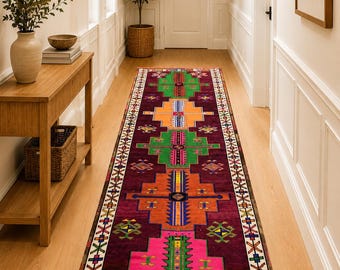Colorful Turkish Runner Rug 3x10 Vintage Hallway Carpet Tribal Wool Runner