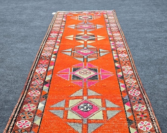 Vibrant Orange Runner Rug 12 FT Extra Long, Vintage Turkish Hallway Carpet 2x12
