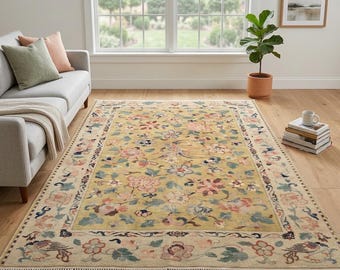 Vintage Turkish Rug 5x8 Gold Floral Area Rug Hand Knotted Oushak Style 5'3"x7'6" Carpet