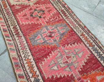 Vintage Turkish Runner Rug: 2' x 9'3" Red Wool Tribal Hallway Carpet