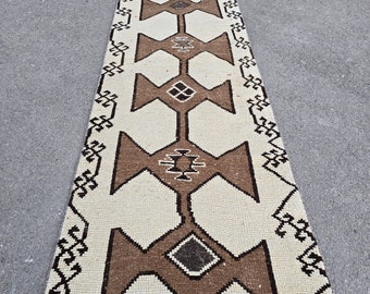 Vintage Turkish Wool Runner Rug: White Tribal Hallway Rug (2.10x10.3 ft)